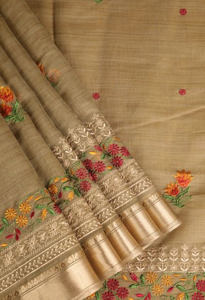 Hazelnut Yellow Chanderi Cotton Sarees Gold Zari with Floral Puttas Embroidary