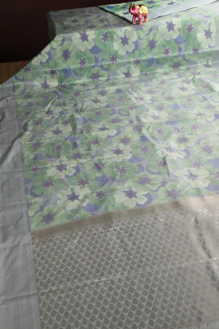 Slate Blue Soft Silk Sarees Without Zari With Floral Patterns view 2