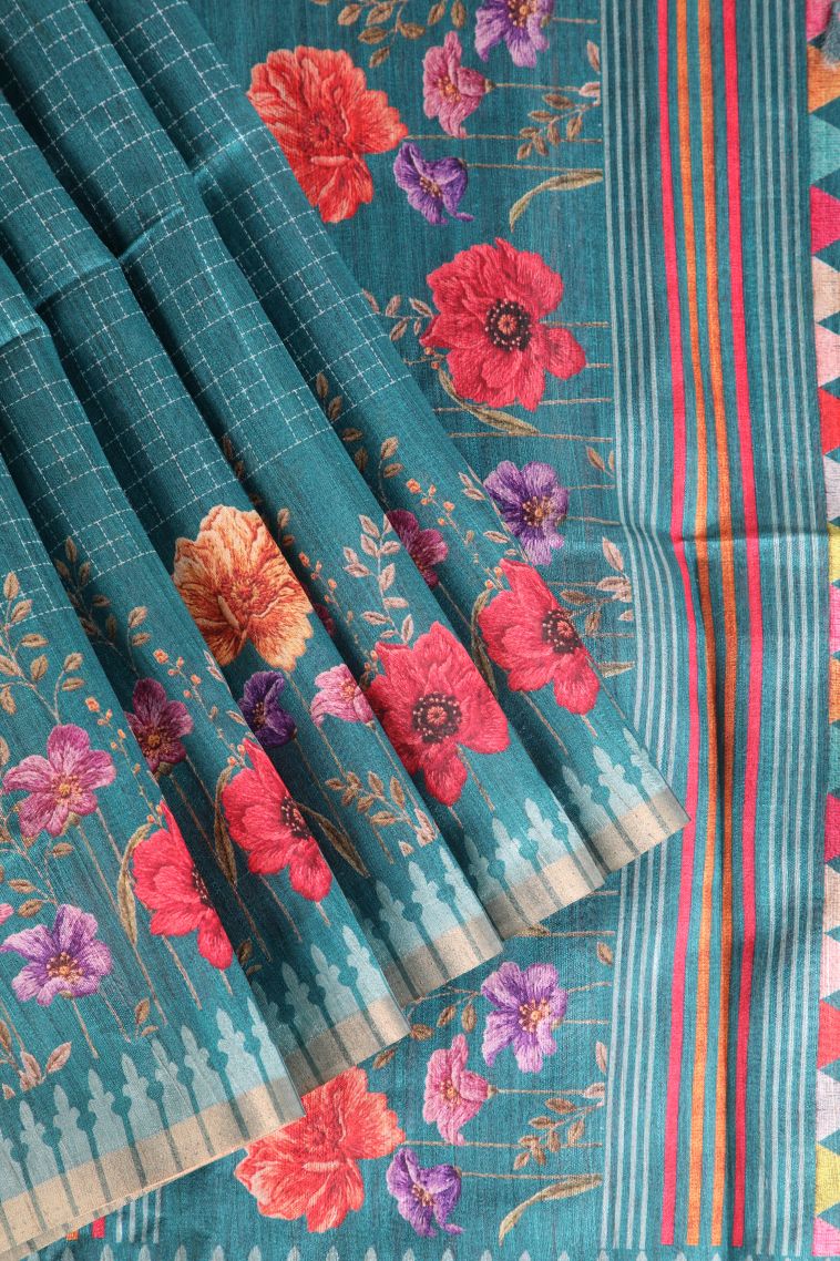 Teal Blue Raw Silk Sarees Without Zari With Checks