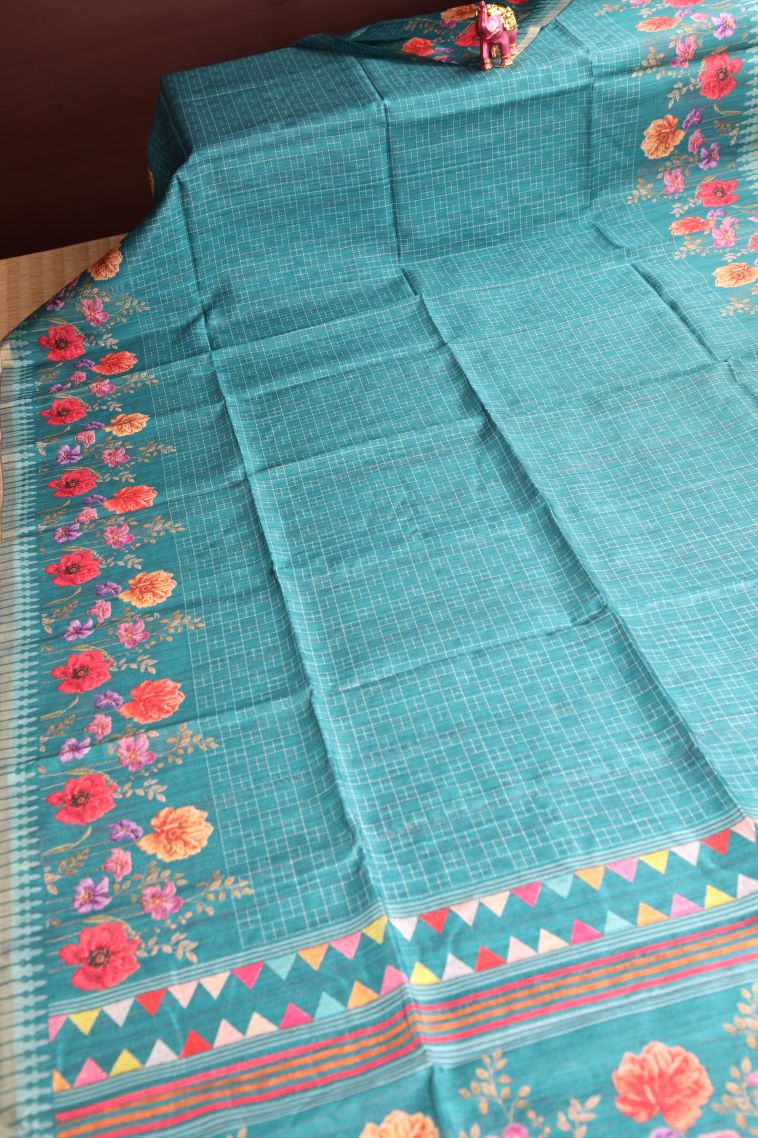 Teal Blue Raw Silk Sarees Without Zari With Checks view 2