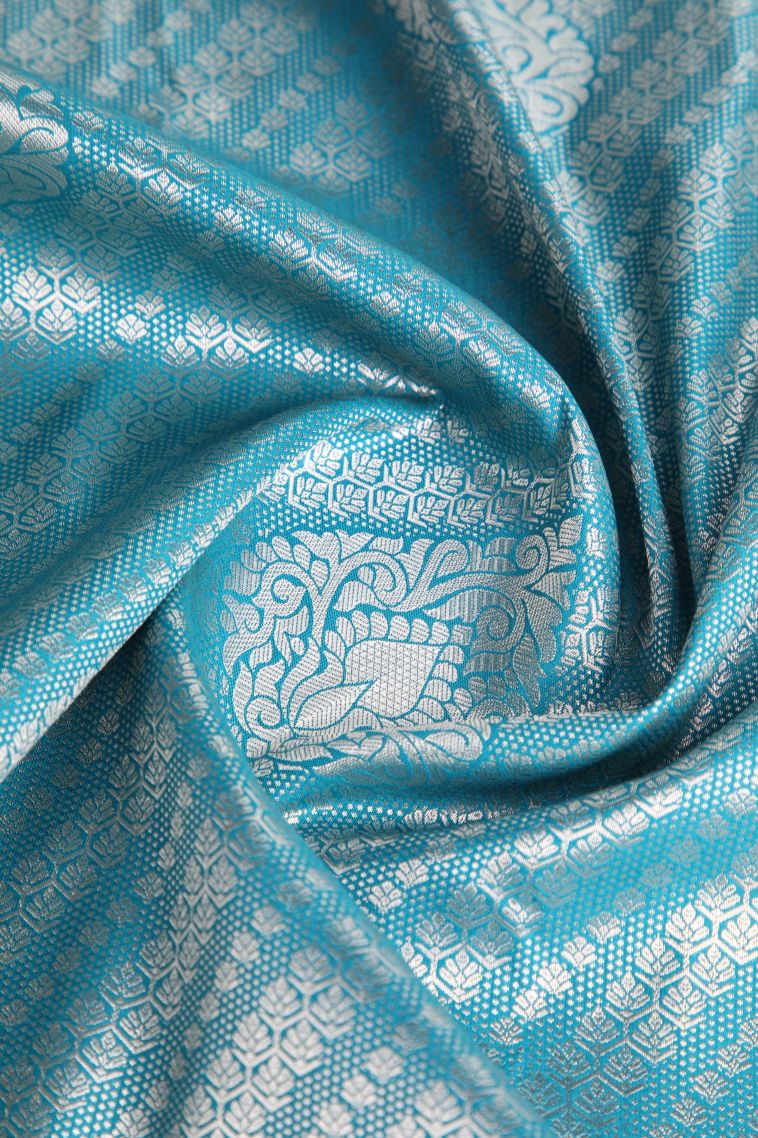 Cerulean Blue Apoorva Silk Sarees with Copper Zari Floral Puttas view 4