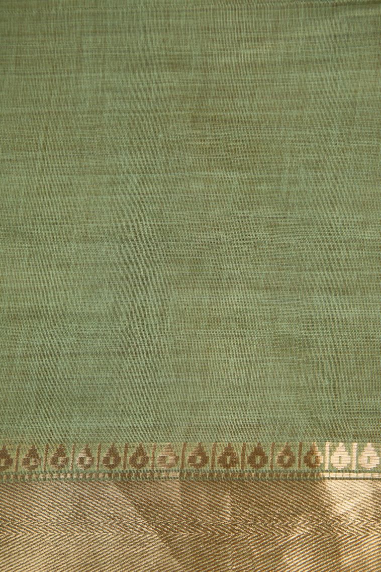 Pista Green Chanderi Cotton Sarees Gold Zari with Floral Puttas Embroidary view 3