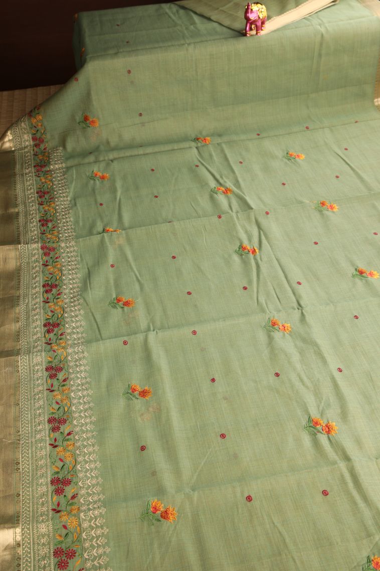 Pista Green Chanderi Cotton Sarees Gold Zari with Floral Puttas Embroidary view 2