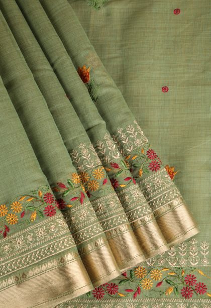 Pista Green Chanderi Cotton Sarees Gold Zari with Floral Puttas Embroidary