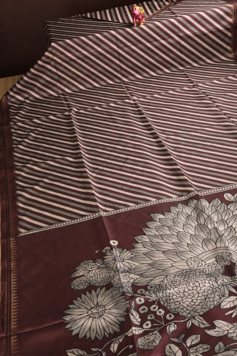 Berry Red Semi Raw Silk Printed Without Zari With Cross Straipes view 2