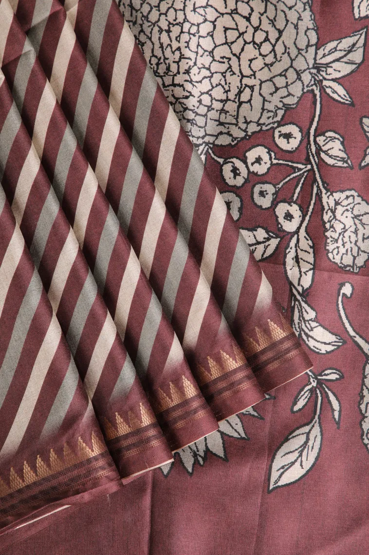 Berry Red Semi Raw Silk Printed Without Zari With Cross Straipes