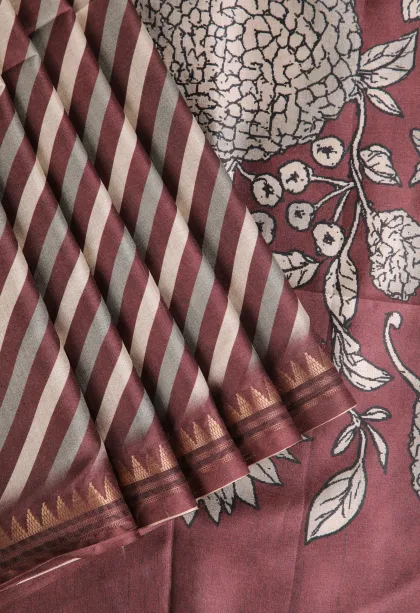 Berry Red Semi Raw Silk Printed Without Zari With Cross Straipes