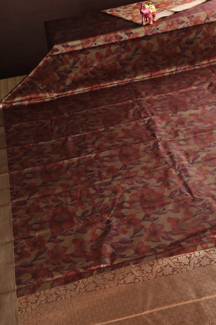 Peanut Brown Soft Silk Sarees with Bronze Zari Floral Patterns view 2