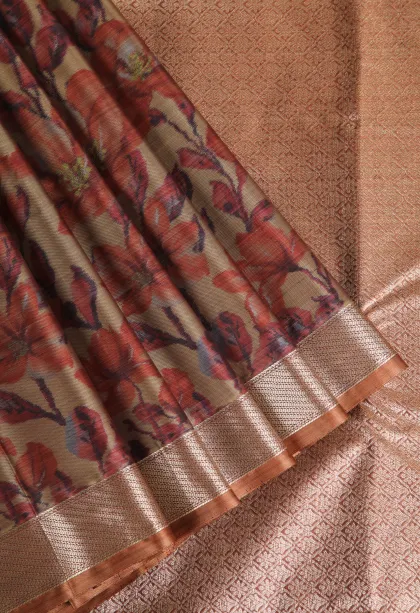 Peanut Brown Soft Silk Sarees with Bronze Zari Floral Patterns