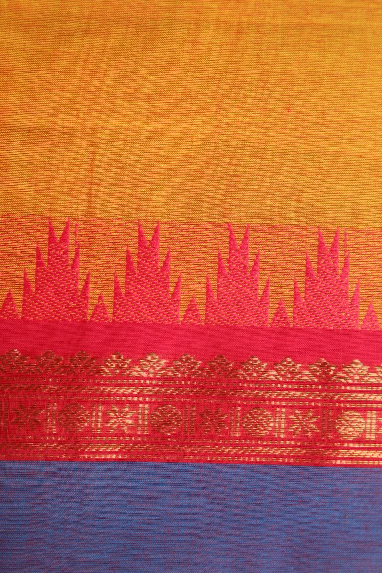 Honey Orange Chettinad Cotton Sarees with Gold Zari Plain view 3