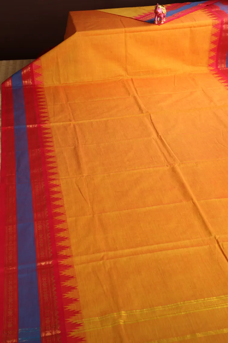 Honey Orange Chettinad Cotton Sarees with Gold Zari Plain view 2