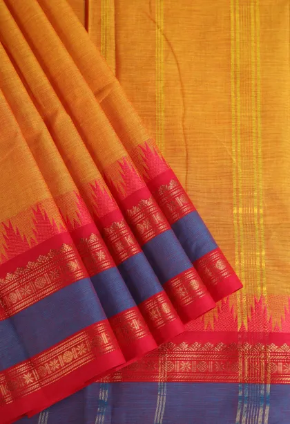 Honey Orange Chettinad Cotton Sarees with Gold Zari Plain
