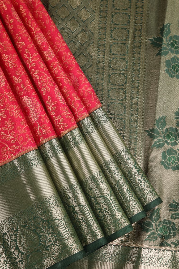 Punch Pink Apoorva Silk Sarees with Copper Zari Floral Patterns