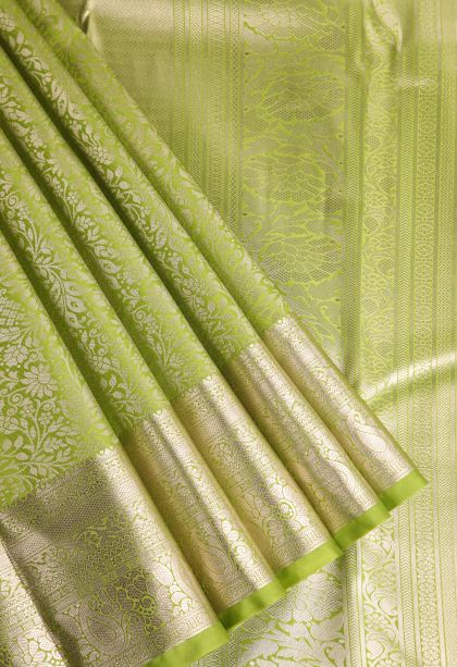 Olive Green Apoorva Silk Sarees Gold Zari with Leaf Pattern