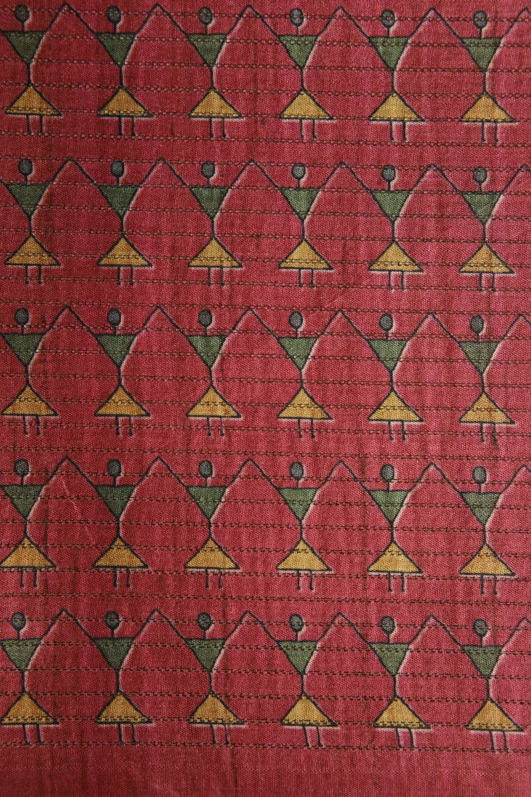 Linen White Tussar Saree Without Zari With Kalam Kari Pattern view 3