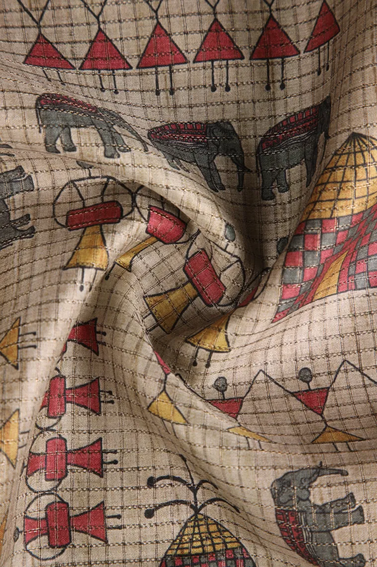 Linen White Tussar Saree Without Zari With Kalam Kari Pattern view 4