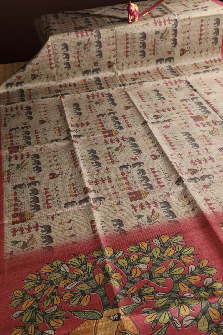 Linen White Tussar Saree Without Zari With Kalam Kari Pattern view 2
