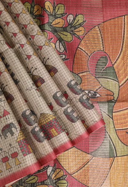 Linen White Tussar Saree Without Zari With Kalam Kari Pattern