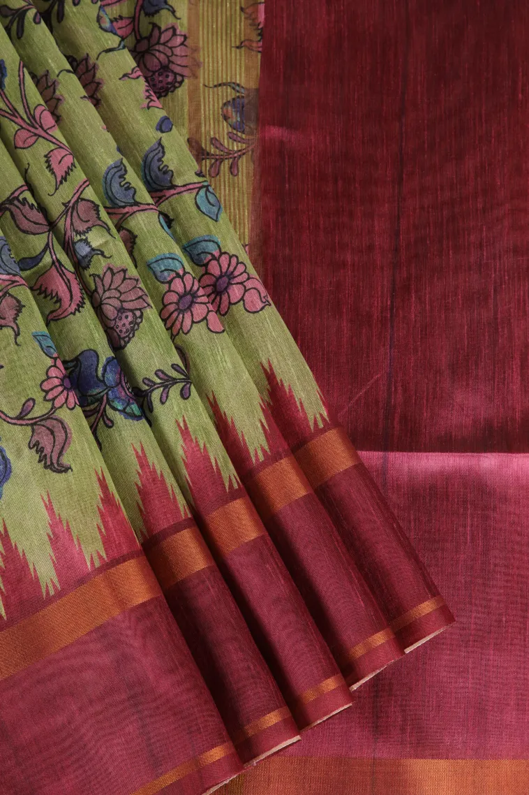Olive Green Tussar Saree with Gold Zari Floral Patterns