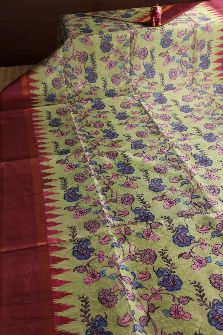 Olive Green Tussar Saree with Gold Zari Floral Patterns view 2