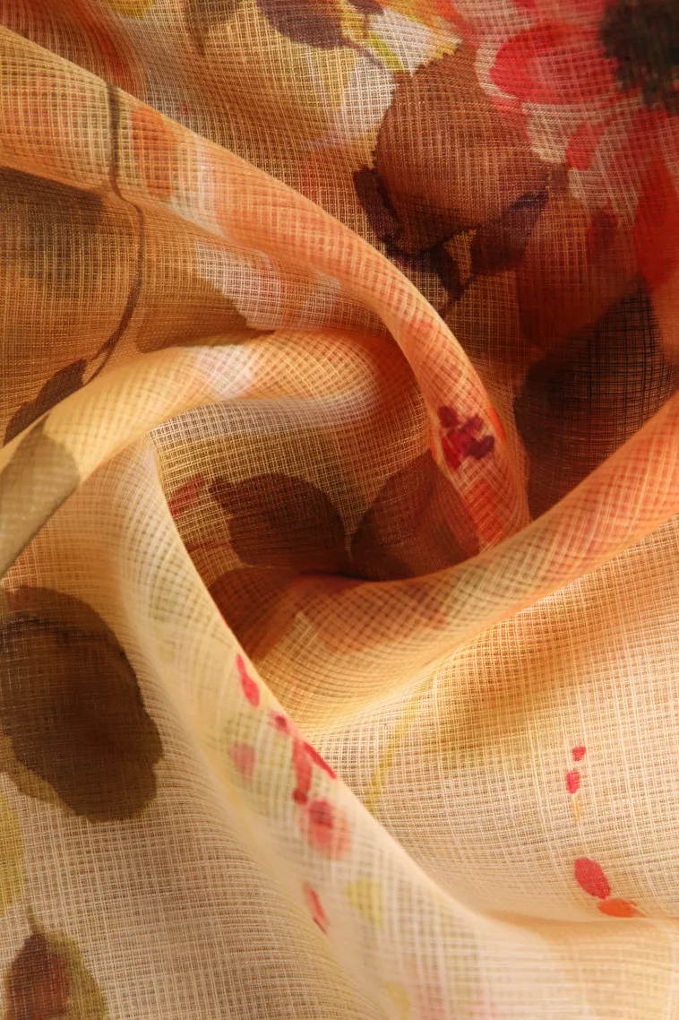 Cream White Linen Saree Without Zari With Floral Patterns view 4
