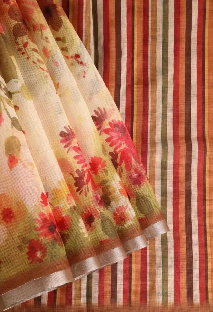 Cream White Linen Saree Without Zari With Floral Patterns