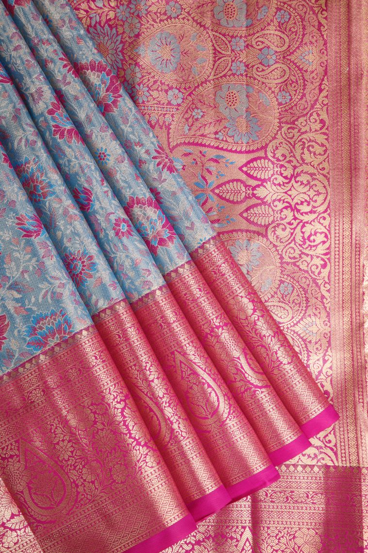 Cerulean Blue Apoorva Silk Sarees Silver Zari with Floral Patterns