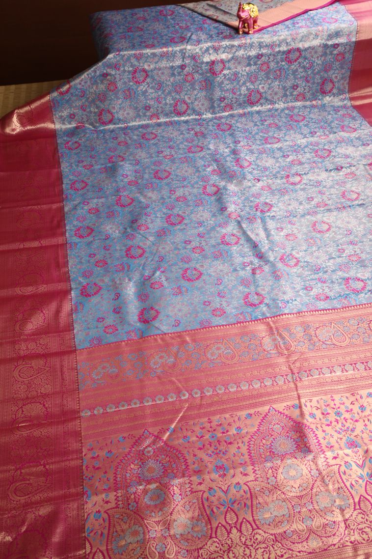 Cerulean Blue Apoorva Silk Sarees Silver Zari with Floral Patterns view 2