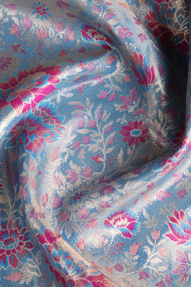 Cerulean Blue Apoorva Silk Sarees Silver Zari with Floral Patterns view 4