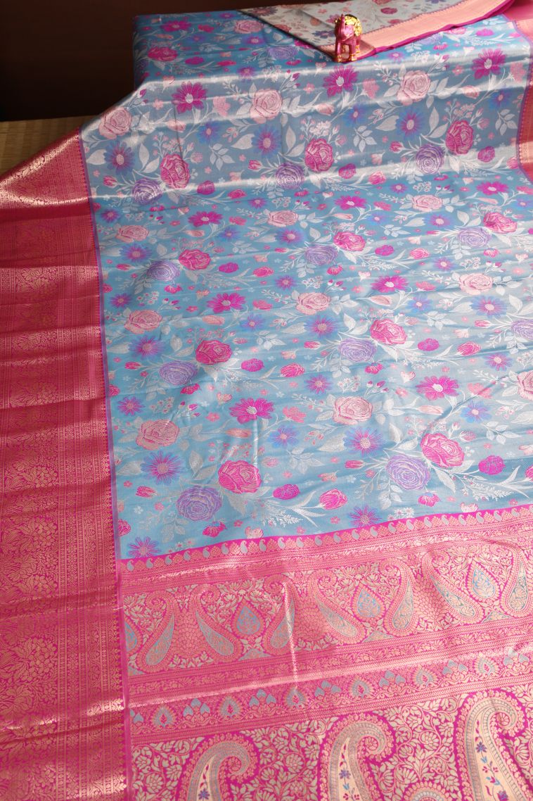 Cerulean Blue Apoorva Silk Sarees Copper Zari with Floral Patterns view 2
