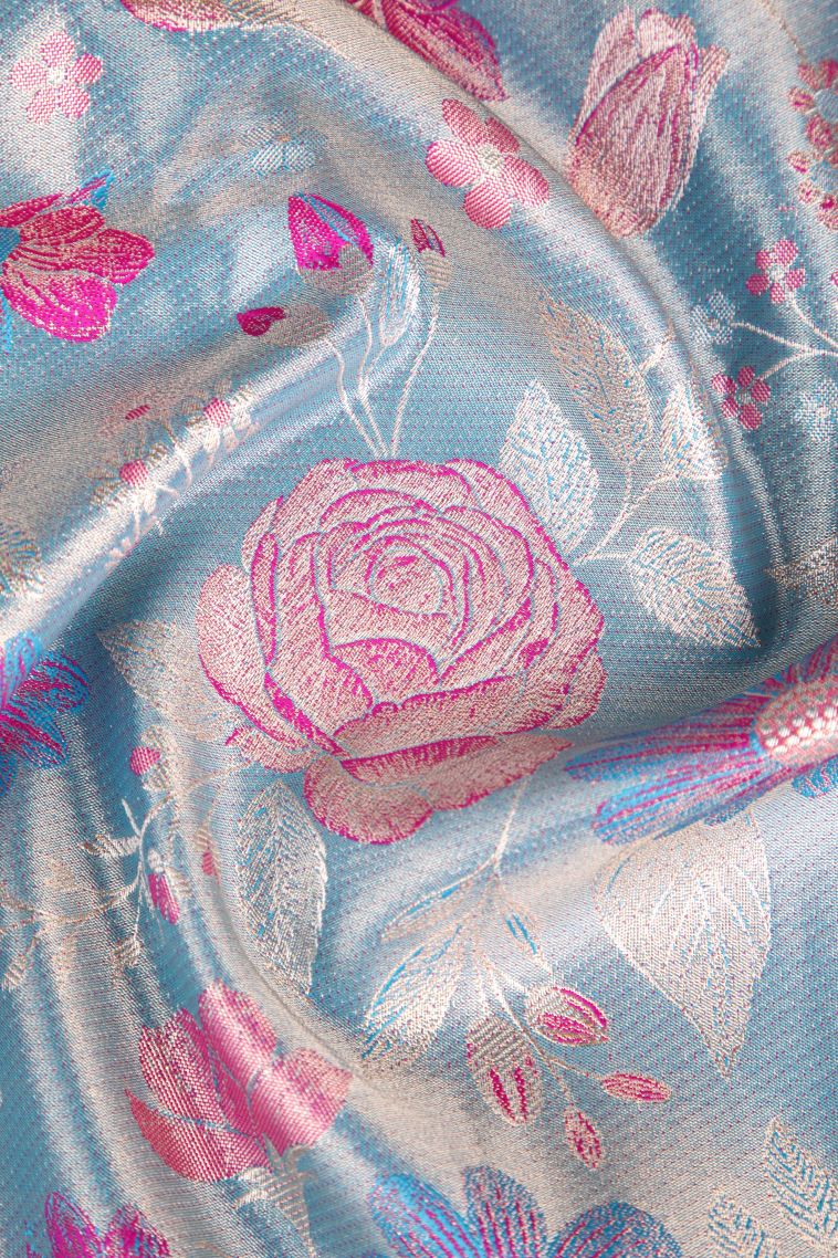 Cerulean Blue Apoorva Silk Sarees Copper Zari with Floral Patterns view 4