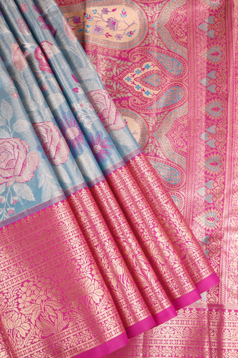 Cerulean Blue Apoorva Silk Sarees Copper Zari with Floral Patterns view 1