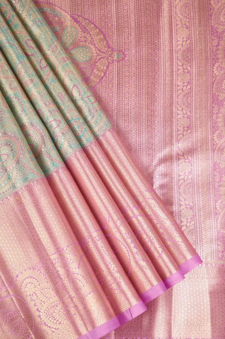 Pistachio Green Apoorva Silk Sarees Gold Zari with Floral Patterns view 1