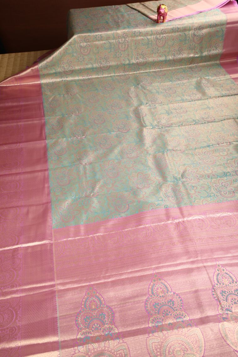 Pistachio Green Apoorva Silk Sarees Gold Zari with Floral Patterns view 2