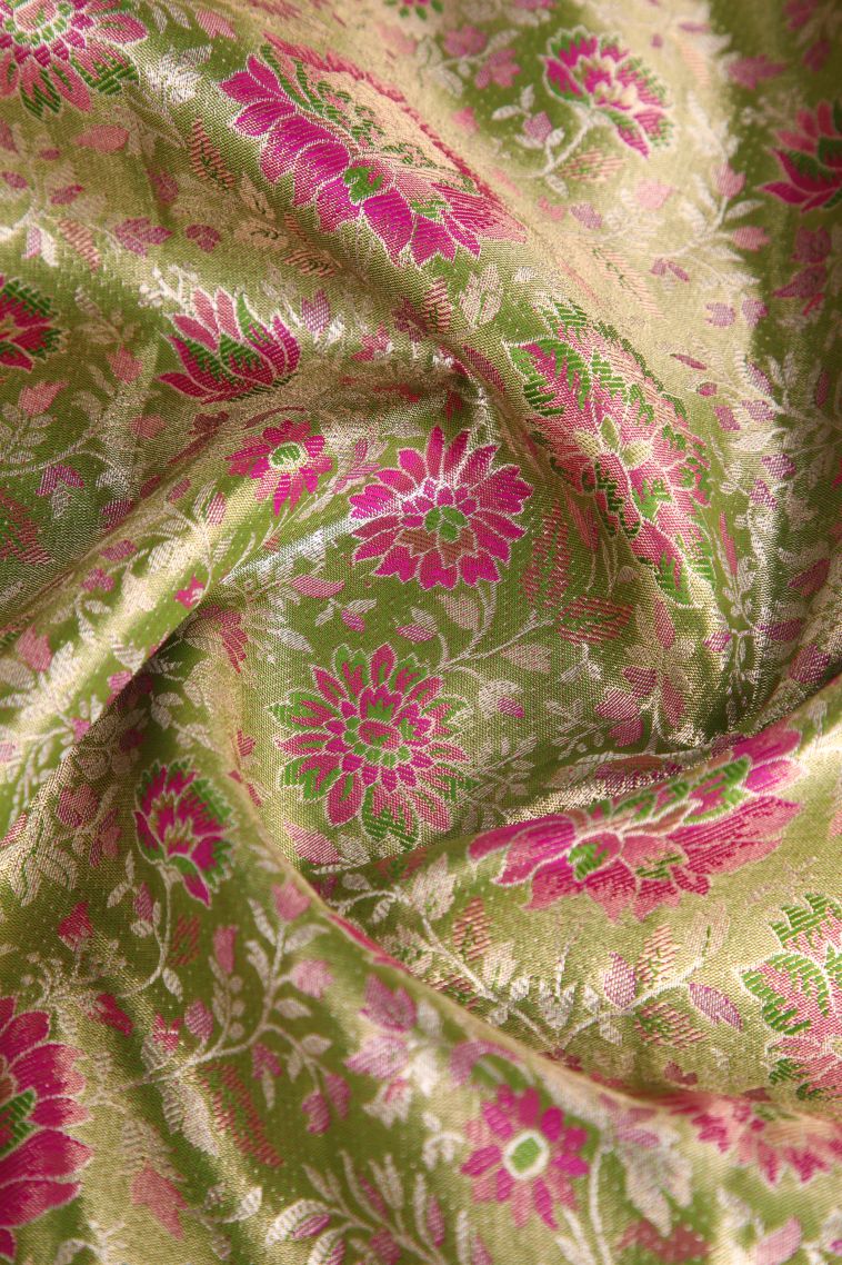Lime Green Apoorva Silk Sarees with Copper Zari Floral Patterns view 4