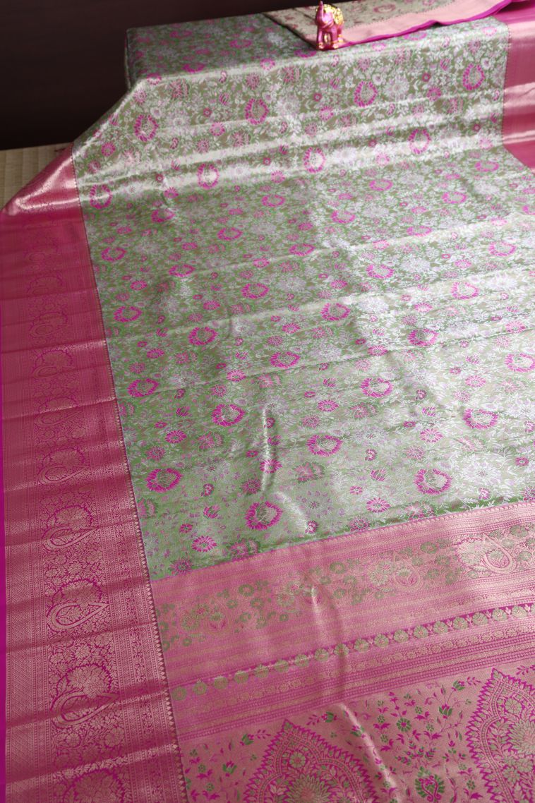 Lime Green Apoorva Silk Sarees with Copper Zari Floral Patterns view 2