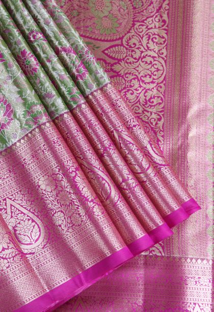 Lime Green Apoorva Silk Sarees with Copper Zari Floral Patterns