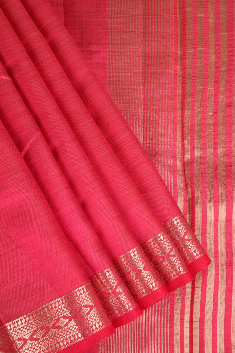 Strawberry Pink Raw Silk Sarees Gold Zari with Plain view 1