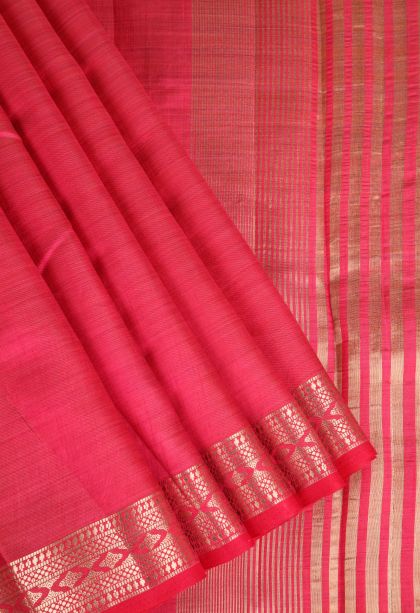 Strawberry Pink Raw Silk Sarees Gold Zari with Plain