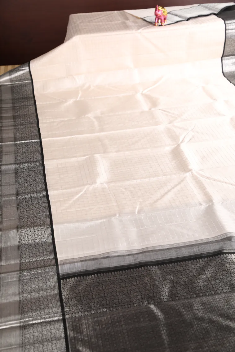 Cotton White Kanchipuram Silk Sarees with Silver Zari Checks view 2