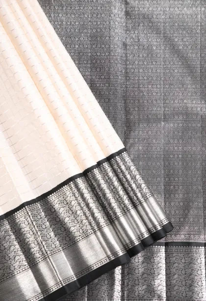 Cotton White Kanchipuram Silk Sarees with Silver Zari Checks