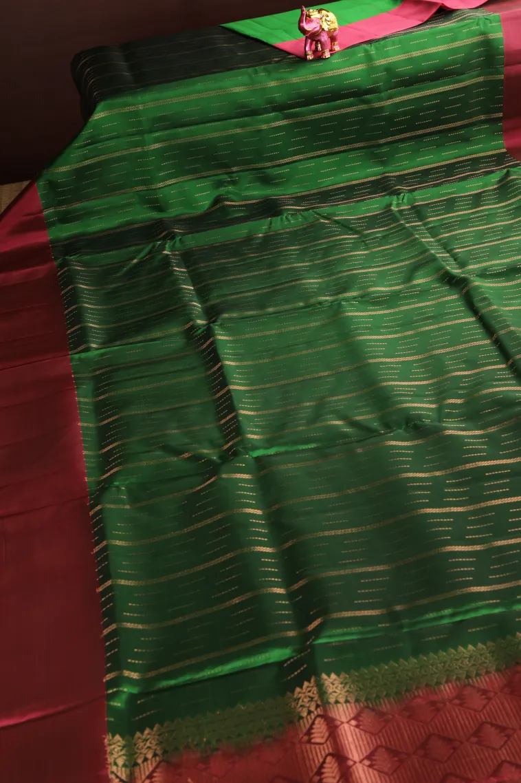 Bottle Green Soft Silk Saree with Copper Zari Stripes view 2