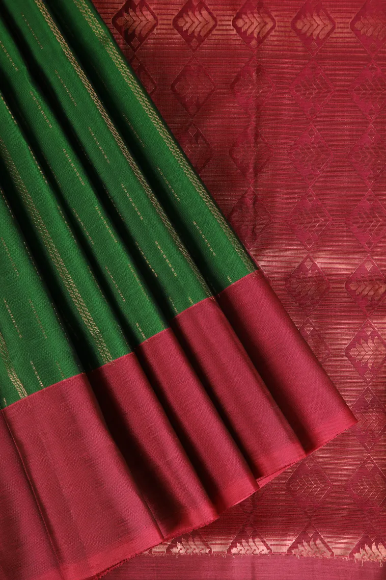 Bottle Green Soft Silk Saree with Copper Zari Stripes