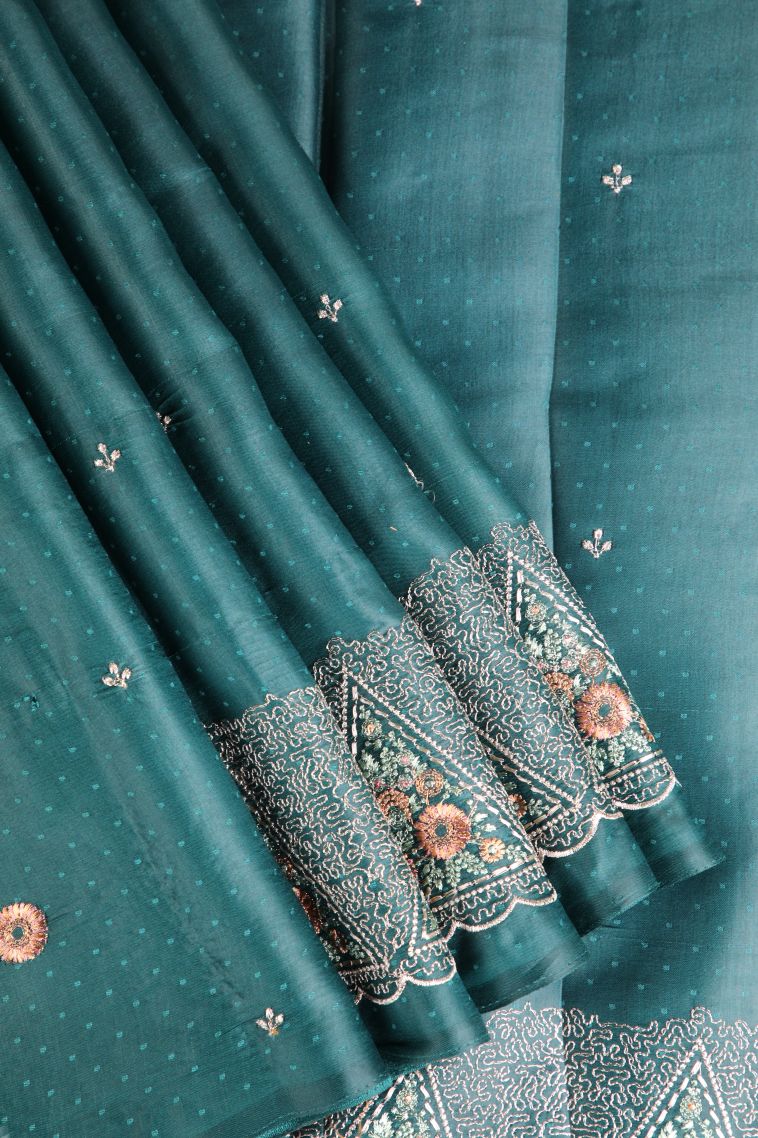 Ocean Blue Raw Silk Sarees Without Zari with Floral Puttas Embroidary view 1