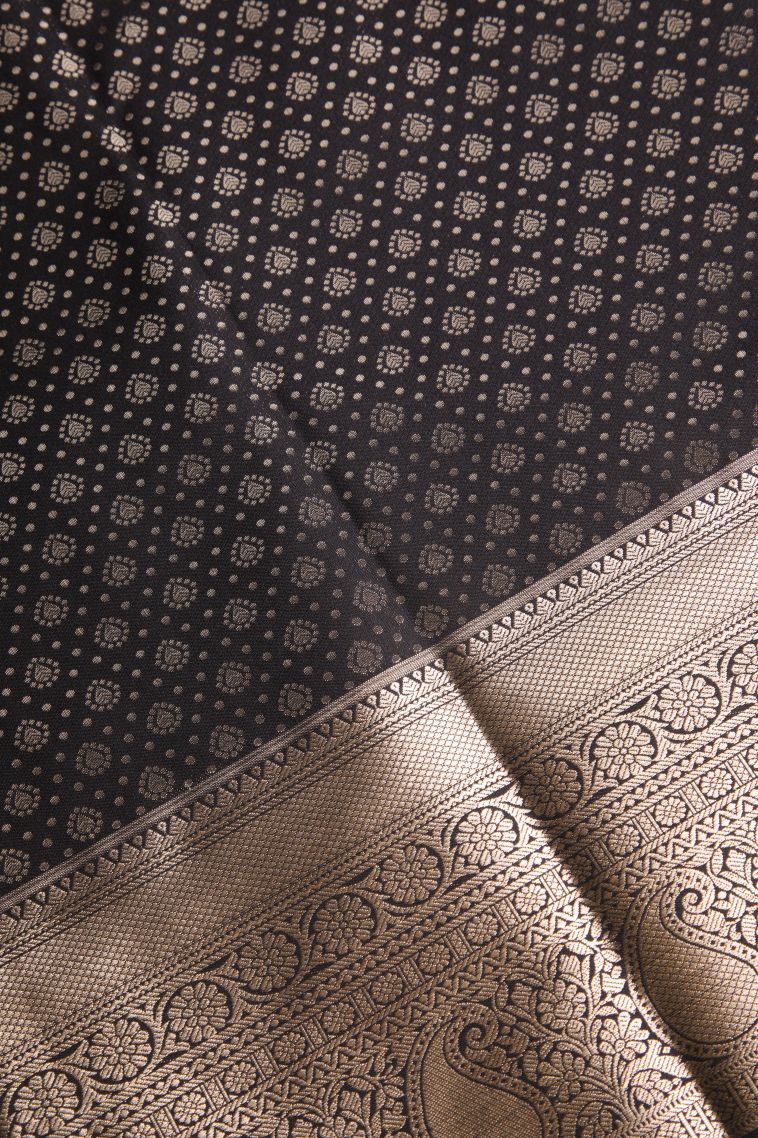 Eel Black Apoorva Silk Sarees Gold Zari with Floral Patterns view 3