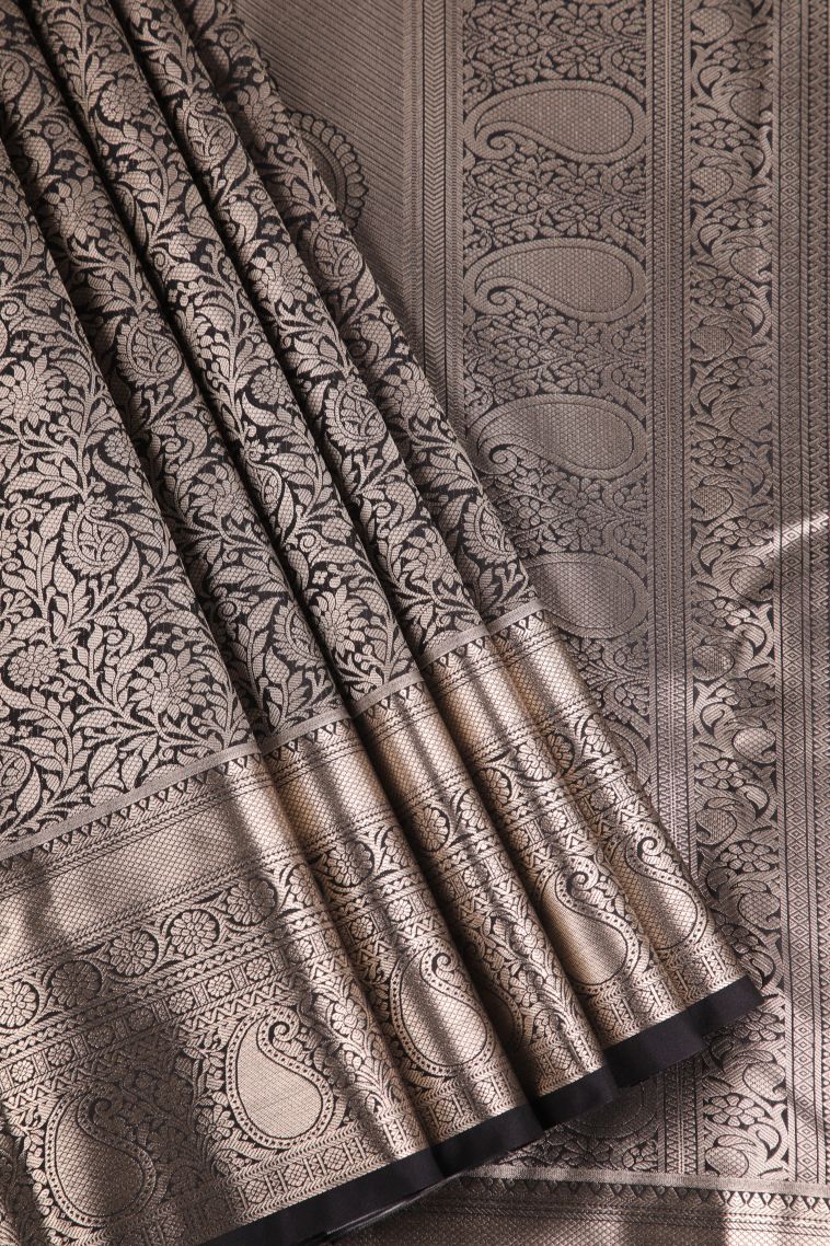 Eel Black Apoorva Silk Sarees Gold Zari with Floral Patterns