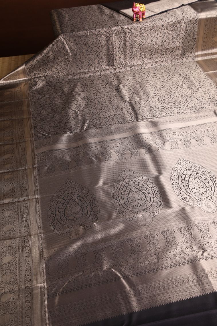 Eel Black Apoorva Silk Sarees Gold Zari with Floral Patterns view 2