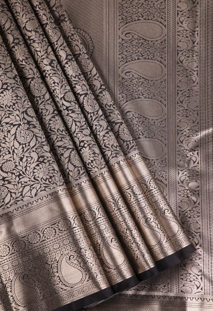 Eel Black Apoorva Silk Sarees Gold Zari with Floral Patterns