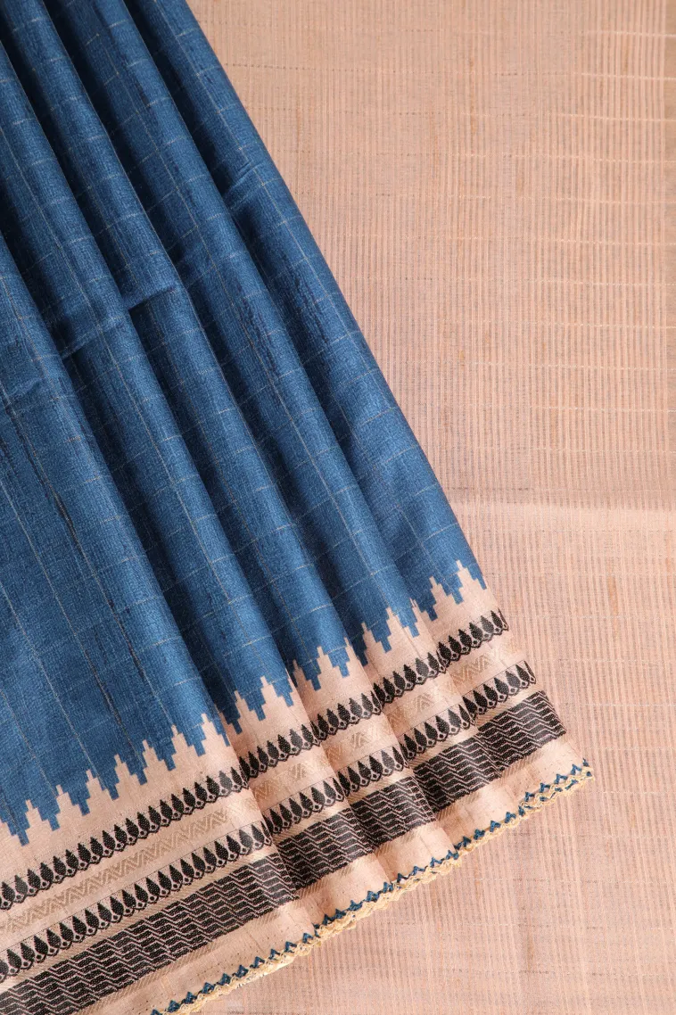 Cerulean Blue Raw Silk Sarees Without Zari With Checks