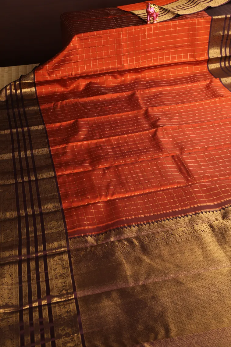 Fire Orange Kanchipuram Silk Sarees with Gold Zari Checks view 2
